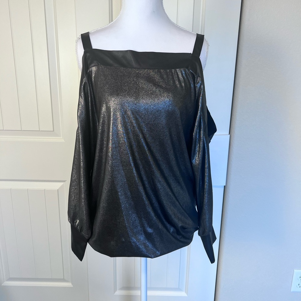 Allen B. By Allen Schwartz Shimmering Black Blouse off the shoulder Sz Small NWT